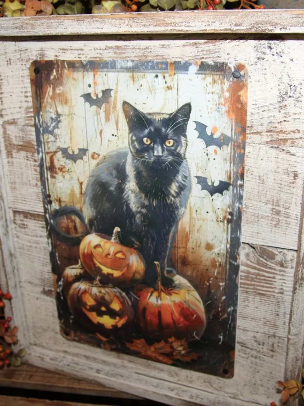 NEW Black Cat on Jack-O-Lantern with Bats Rustic Farmhouse Halloween Wall Decor